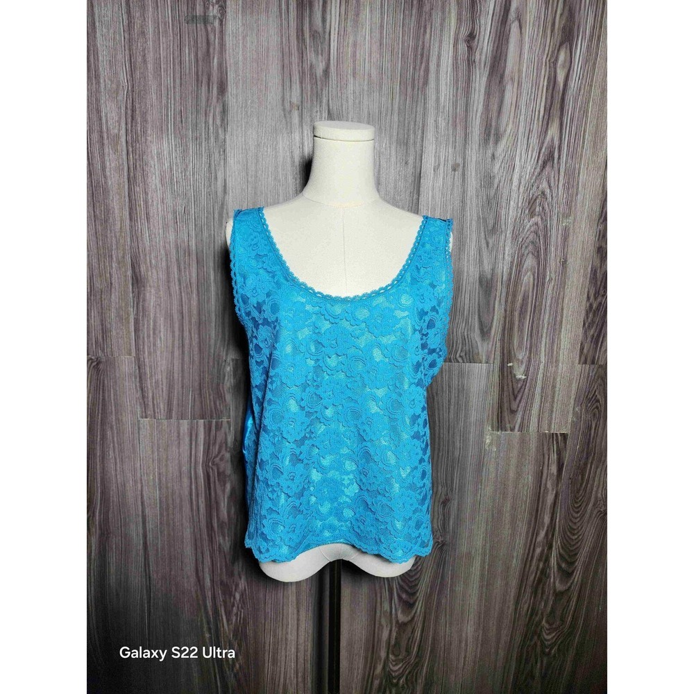 Vintage Chic Lingerie Blue Floral Lace Satin Back Camisole Tank Top Medium USA
